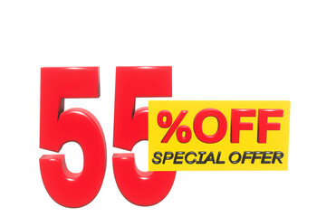 55 percent off 3D illustration in red with white background with special offer sign and copy space