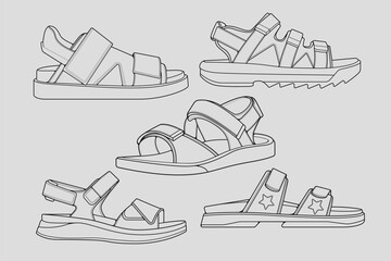 set of outline Cool strap sandals. strap sandals outline drawing vector, strap sandals drawn in a sketch style, strap sandals trainers template outline, Set Collection. grey background

