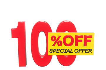 100 percent off 3D illustration in red with white background with special offer sign and copy space