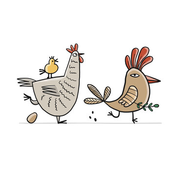 Funny Family - Chicken and Rooster characters with chick. Art isolated on white for your design