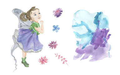 Watercolor illustration of a flower fairy and several flowers, color blot