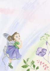 Naklejka na ściany i meble Watercolor illustration of a flower fairy and several flowers, color blot