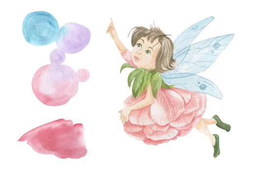 Watercolor illustration of a flower fairy in a peony dress