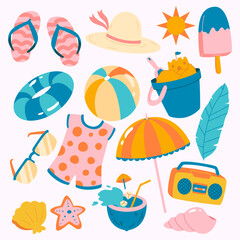 Vintage Set of cute summer icons element collections: food, drinks, palm leaves, fruits and flamingo. Bright summertime poster. Collection of scrapbooking elements for beach party.