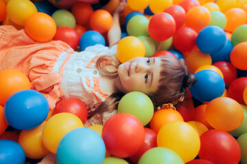 Fototapeta na wymiar Happy Little Girl Playing in a Ball Pool at a Party