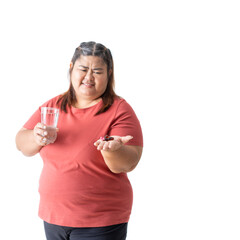 Fat woman asian holding food supplement, isolated white on background