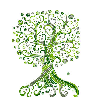 Old big family tree with roots. Isolated on white background. Concept Art for your design. Design interior ideas.