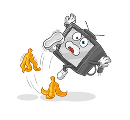 old tv slipped on banana. cartoon mascot vector
