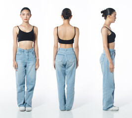 Full length Figure snap of 20s Asian Woman black hair vast jeans pant and sneaker.