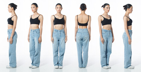 Obraz premium Full length Figure snap of 20s Asian Woman black hair vast jeans pant and sneaker.