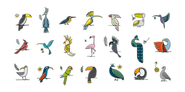 Icons set of paradise tropical birds. Pink flamingo and green parrots on branches. Peacocks with toucans etc. Childish style for your design