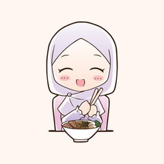 Cute moslem girl eat halal ramen noodles food hand drawn cartoon art illustration. Mascot logo vector style. 