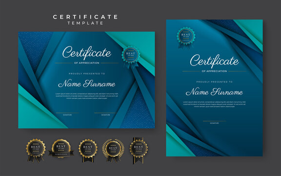 Blue certificate of achievement template with gold badge and border