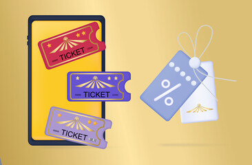 3d ticket, vector banner background, coupon, voucher, discount on smartphone screen. An offer to buy a ticket for a concert, show, movie. Concept of an entrance, access, invitation or admittance. 