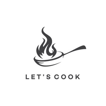 A simple yet playful sophisticated logo design displaying a pan with a fire where cooking.