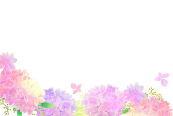 アンティークなピンクの紫陽花のフレーム（白背景）