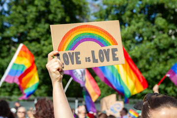 Woman holding placard sign Love is Love with rainbow symbol of LGBT community. Crowd with flags in background. Pride Parade, equality march to support and celebrate LGBT+, LGBTQ Gay lesbian equality.