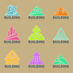 Vector Set of buildings silhouette icons. Buildings signs. Color real estate logo, city and skyline, vector illustration.