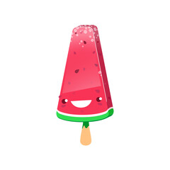 Cartoon watermelon ice cream, kawaii dessert character. Isolated vector fruit ice personage, frozen juicy popsicle with sweet berry flavor. Cold summer food, fruity refreshment snack on wooden stick