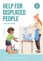 Poster template with humanitary aid refugees concept,watercolor