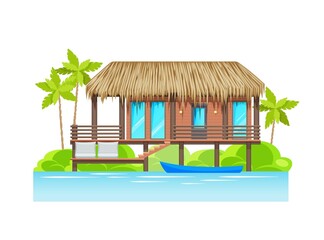Modern bungalow exterior on island with parked water boat. Luxury tropical resort hotel, vector villa, summer vacation wooden home building on pillars with thatched roof, terrace and entrance to water - obrazy, fototapety, plakaty