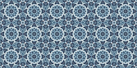 Indigo blue red batik geo nautical seamless border pattern. Modern marin geometric kaleidoscope banner. Nantucket fabric textile style. Summer rustic masculine worn linen effect edging trim tape 