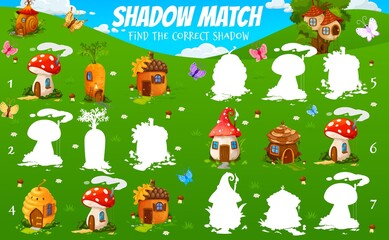Obraz na płótnie Canvas Shadow match game worksheet, cartoon gnome and elf houses. Kids vector riddle with mushroom, carrot, acorn, beehive, nest, pine cone, snail shell fantasy dwellings on green field. Puzzle for children