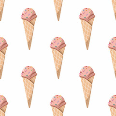 Seamless pattern of ice cream in a waffle cone. Vector illustration for textiles, background, cover.