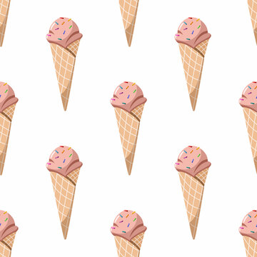 Seamless pattern of ice cream in a waffle cone. Vector illustration for textiles, background, cover.
