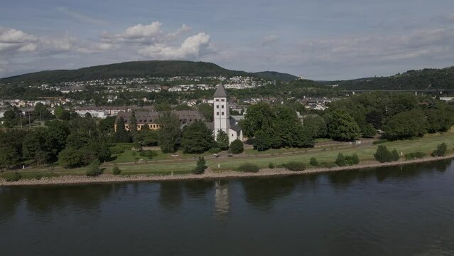 Aerial Dolly Drone Shot Of Lahnstein, Germany Along The Rhine River.