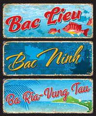 Bac Lieu, Bac Ninh and Ba Ria Vung Tau vietnamese travel stickers and vector plates. Vietnam regions and provinces tin signs with landmarks, maps and sightseeing travel luggage tags and metal plates