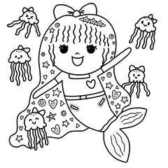 mermaid and jelly fish coloring page