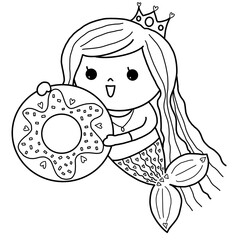 mermaid and big donut coloring page