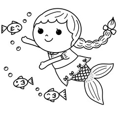 cute mermaid and fish coloring page