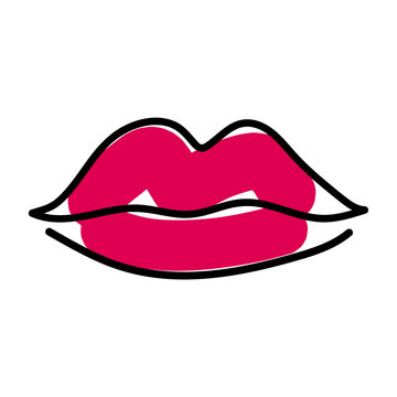 Red Lips Icon. Simple Line Mouth Icon. Sexy Open Mouth With Red Lipstic. Makeup Icon.Red Lips Hand Drawn With Ink Paint Brush And Black Pen Outline, Isolated On White Background. Jpeg Image Jpg Illust