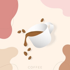 Coffee cup and coffee beans floating with earth tones abstract background