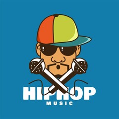 Hip hop rapper with microphone cartoon character. Hip hop music logo mascot vector illustration