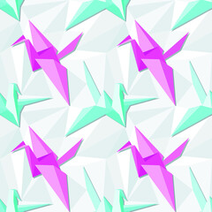 Origami birds in blue candy and pink pastel colors. Seamless pattern with origami paper doves on gray background. Abstract background. 3d style. Good for design of wallpaper, fabrics, banner. Vector