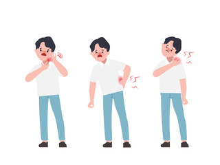 Obraz premium Office syndrome with businessman pain symptoms. Illustration flat vector design.