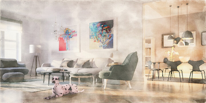 Watercolor Painting of Modern Luxury Furnishings with a Dalmatian