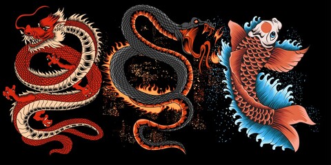 collection of dragon, snake fire, and koi fish illustration