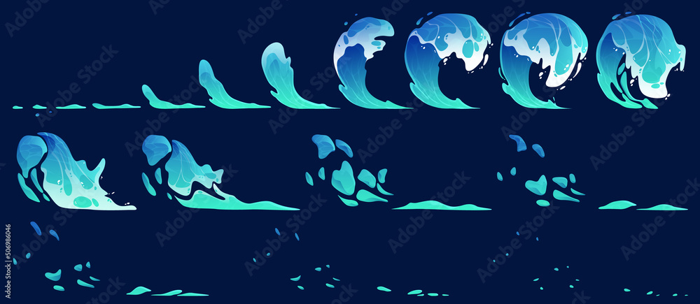 Aufkleber water splash vfx animation sprite sheet. stages of aqua splashing motion design elements, sequence f