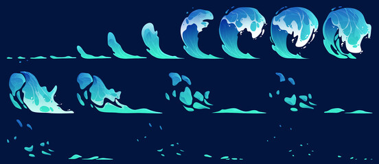 Water splash vfx animation sprite sheet. Stages of aqua splashing motion design elements, sequence frame. Cartoon blue ocean or sea stream with drops and splatters, fx storyboard Vector illustration - obrazy, fototapety, plakaty