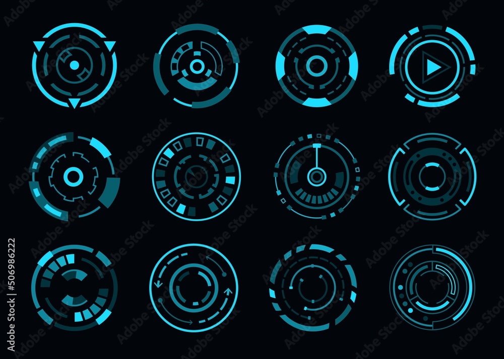 Poster HUD futuristic aim control, target or navigation interface, vector dashboard dials. HUD target aim or sniper crosshair and radars or shot scopes, blue neon navigation control and dashboard buttons