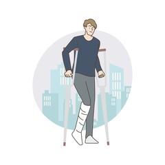 Fototapeta premium People with a disability. Broken leg and wearing a cast. Hand draw style. Vector illustration.