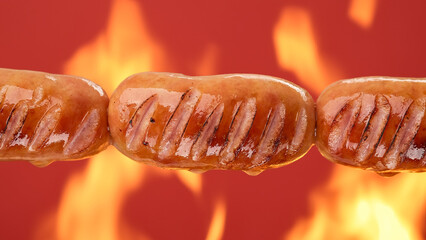 Fry sausages on open fire. Grilled sausages with Flame fire on red background