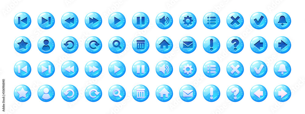 Poster circle buttons with blue jelly texture and icons for game menu or website. vector cartoon set of ui 