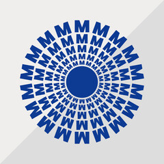 M letter patterns conceptual mandala vector illustration. M text textures mandala design. Blue concept simple mandala vector design.
