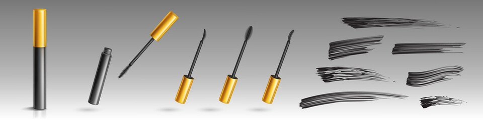 Mascara with different brushes for eyelash makeup and black smudge swatch. Vector realistic mockup of 3d cosmetics package, closed and open container with applicator and ink for lashes or brows
