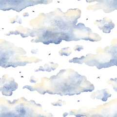 Watercolor hand drawn seamless pattern with delicate beautiful illustration of blue clouds, silhouettes flying birds isolated on white background. Cloudy cloudscape. Different types of cumulus clouds